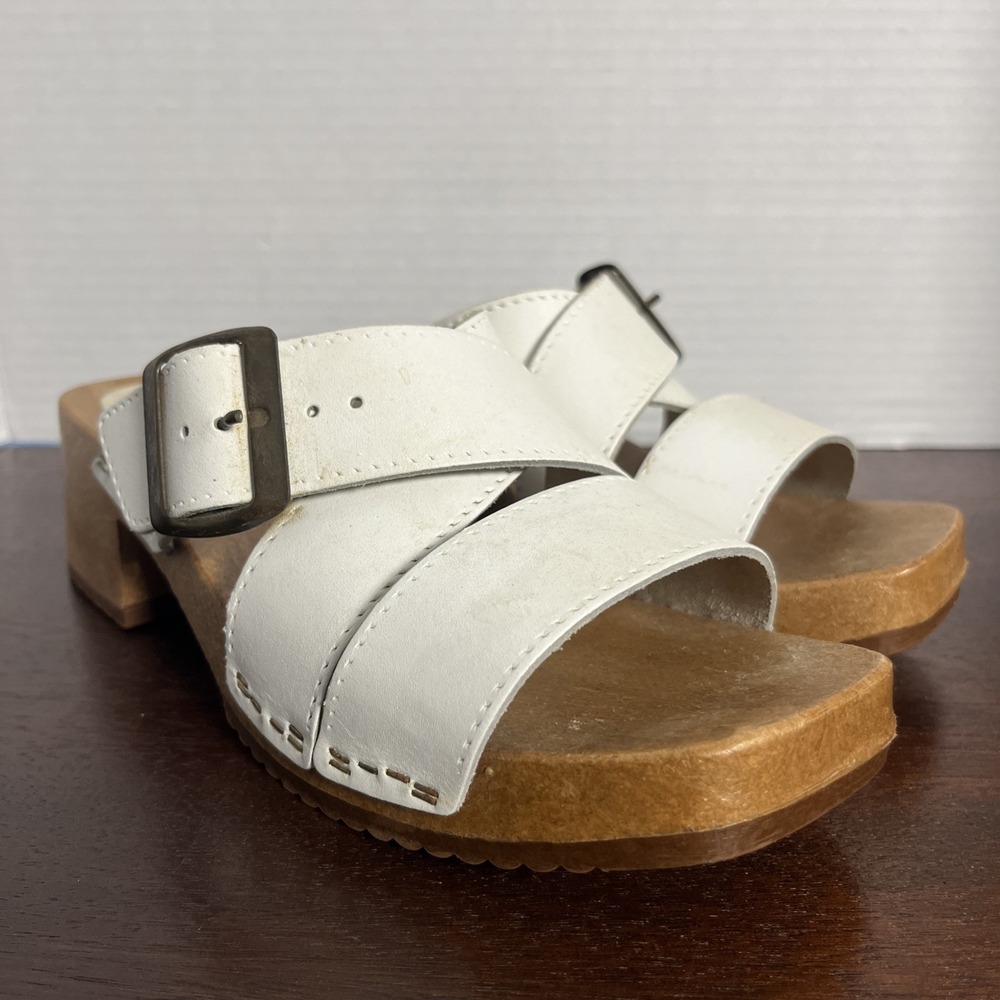 The Leather Collection Heeled Slides Sz 6.5 White Leather Sandals Made in Italy